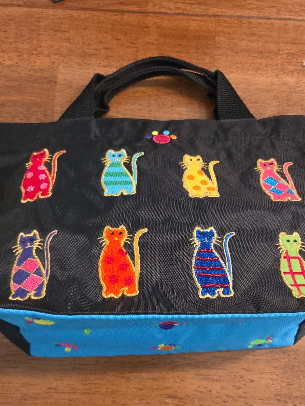 Colorful Cat Hand/ Tote Bag - Black with Multicolor Beaded Cat Embroidery